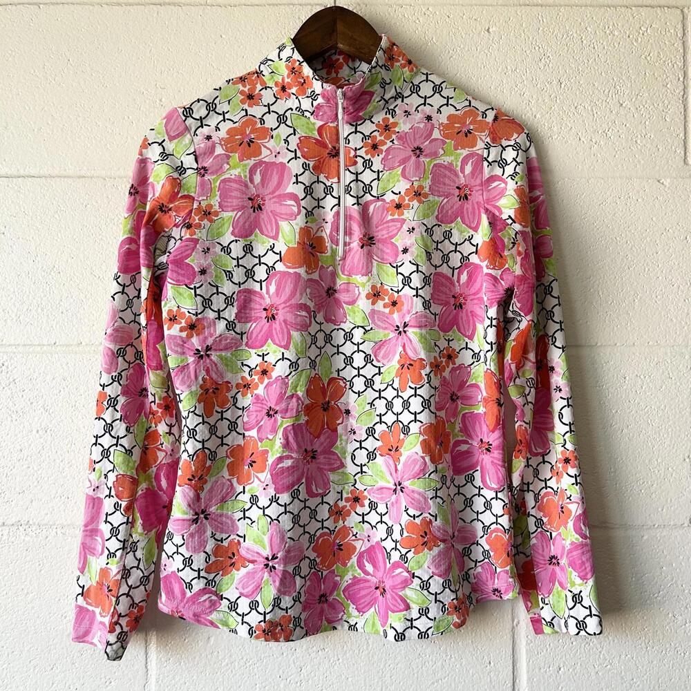 Ibkul Pink Floral Long Sleeve 1/4 Zip Athletic Golf Top Women's Small